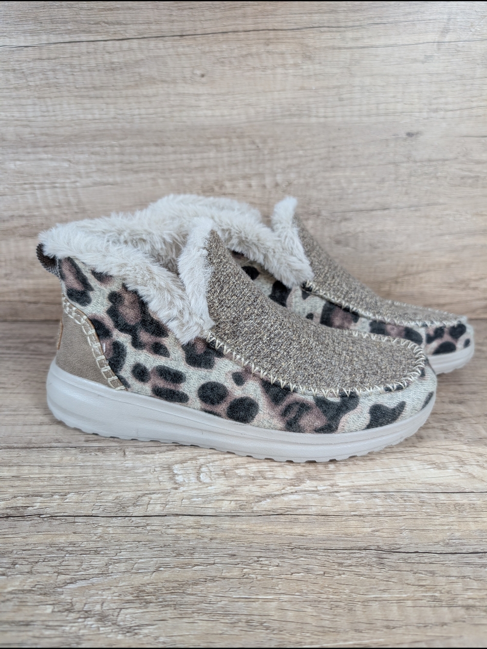 Hey Dude Denny Leo Taupe Slip On Woman's Size 6 Leopard Print Faux Fur